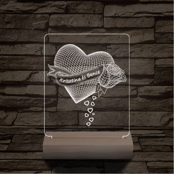 Szív rózsa személyre szabott 20 cm fa talppal 7 színű 3D led lámpa