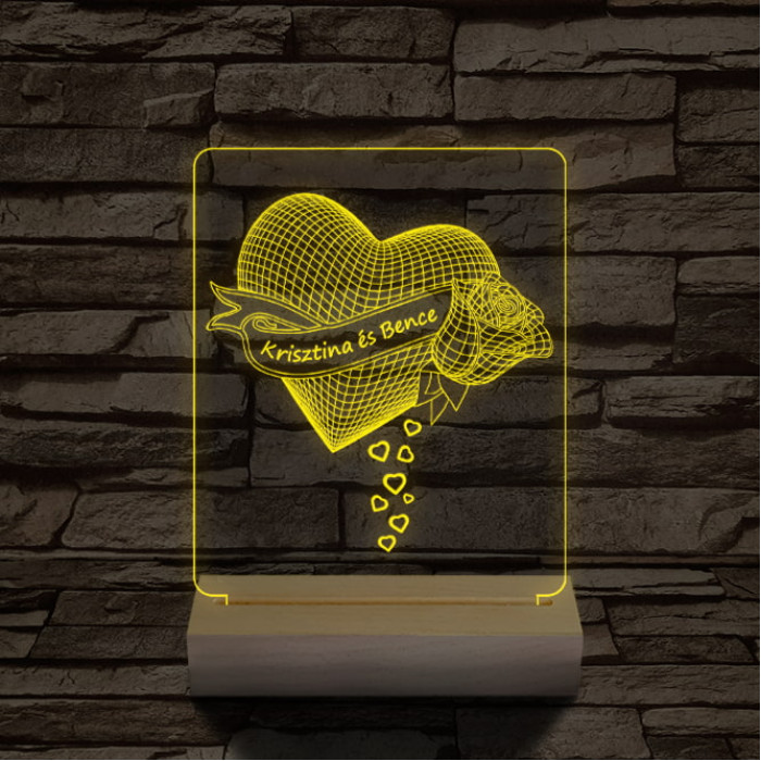 Szív rózsa személyre szabott 20 cm fa talppal 7 színű 3D led lámpa
