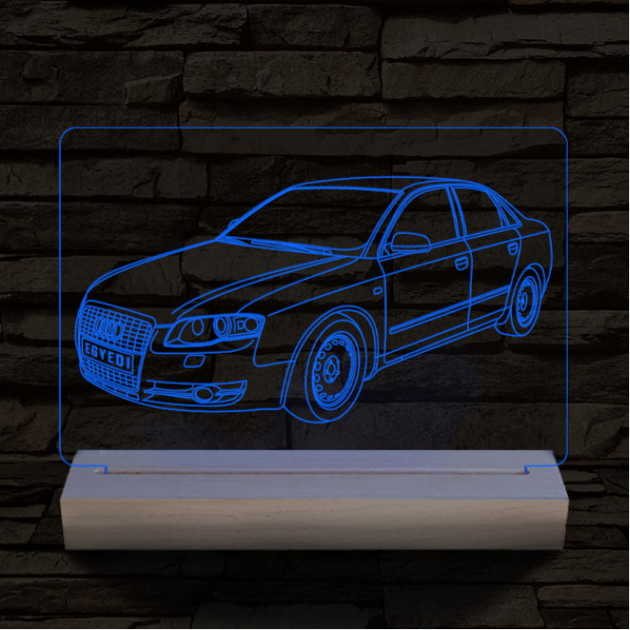 Audi A5 egyedi rendszámmal személyre szabott 20 cm fa talppal 7 színű 3D led lámpa