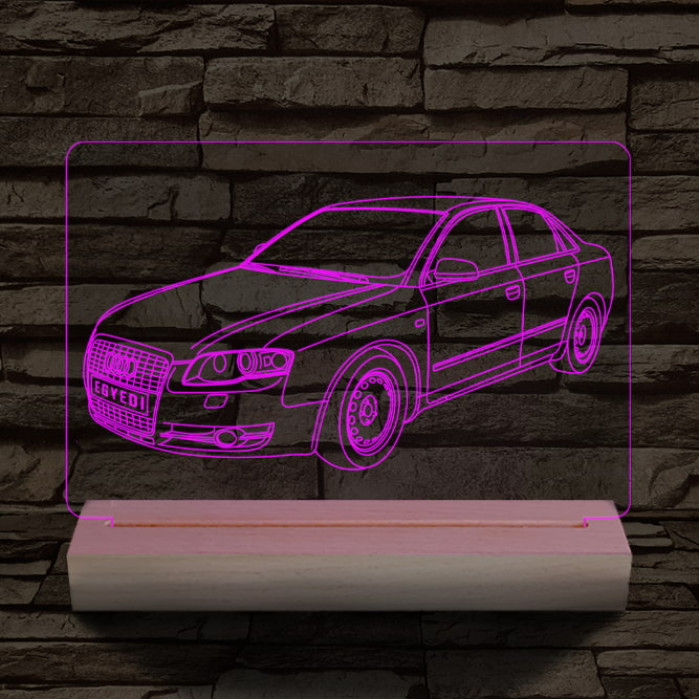 Audi A5 egyedi rendszámmal személyre szabott 20 cm fa talppal 7 színű 3D led lámpa