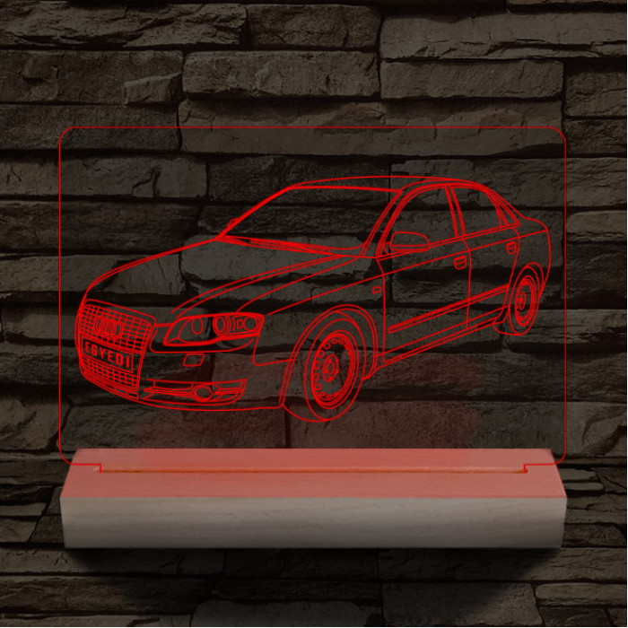 Audi A5 egyedi rendszámmal személyre szabott 20 cm fa talppal 7 színű 3D led lámpa