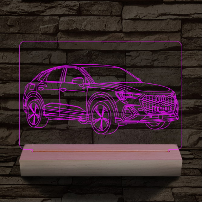 Audi Q3 egyedi rendszámmal személyre szabott 20 cm fa talppal 7 színű 3D led lámpa