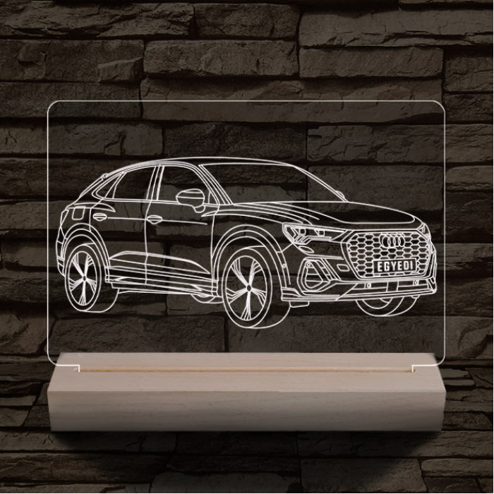 Audi Q3 egyedi rendszámmal személyre szabott 20 cm fa talppal 7 színű 3D led lámpa