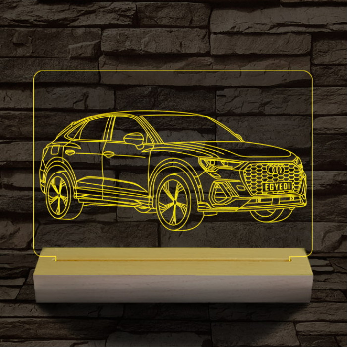 Audi Q3 egyedi rendszámmal személyre szabott 20 cm fa talppal 7 színű 3D led lámpa