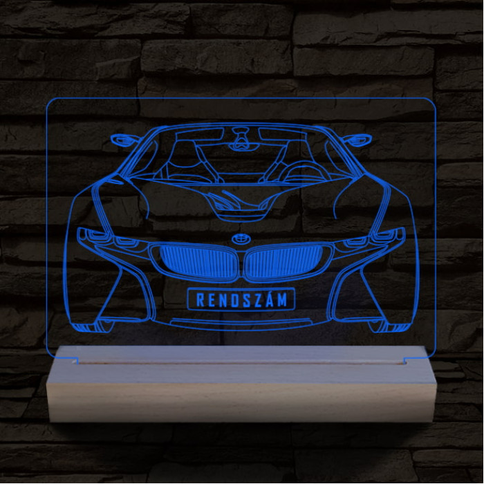BMW I8 egyedi rendszámmal személyre szabott 20 cm fa talppal 7 színű 3D led lámpa