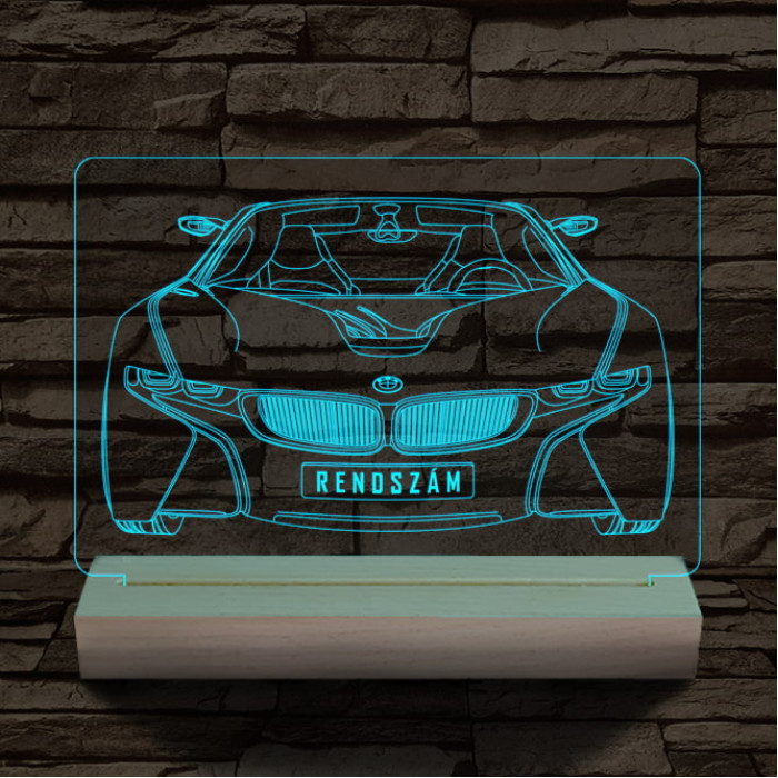 BMW I8 egyedi rendszámmal személyre szabott 20 cm fa talppal 7 színű 3D led lámpa