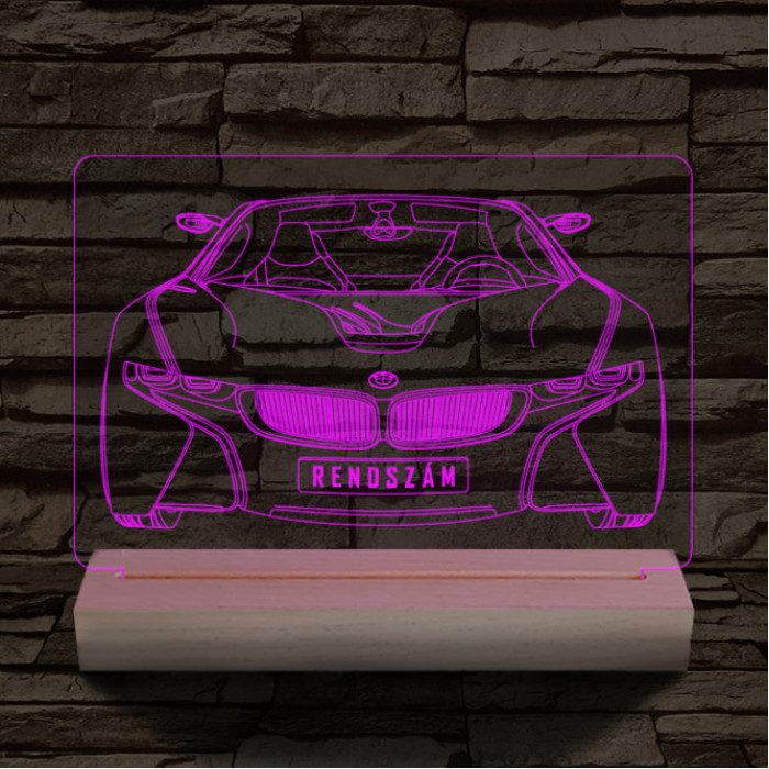BMW I8 egyedi rendszámmal személyre szabott 20 cm fa talppal 7 színű 3D led lámpa