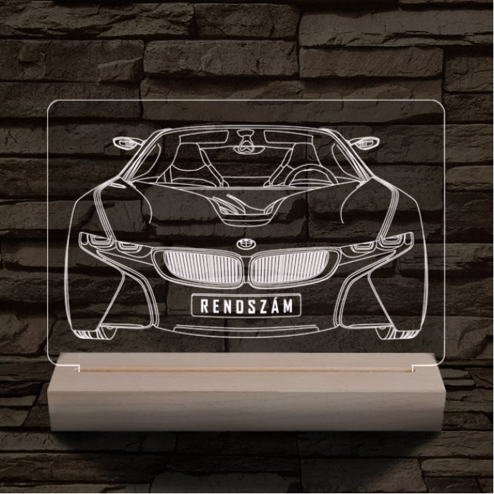 BMW I8 egyedi rendszámmal személyre szabott 20 cm fa talppal 7 színű 3D led lámpa
