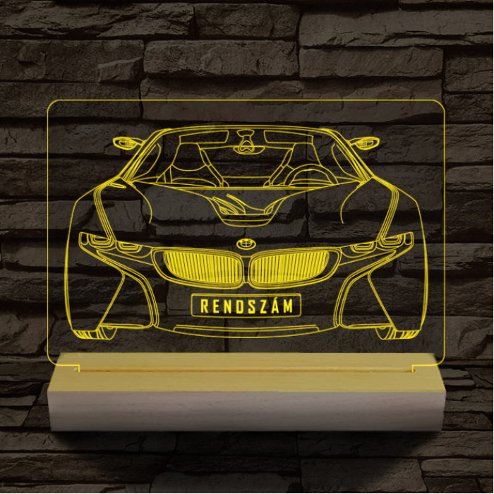 BMW I8 egyedi rendszámmal személyre szabott 20 cm fa talppal 7 színű 3D led lámpa