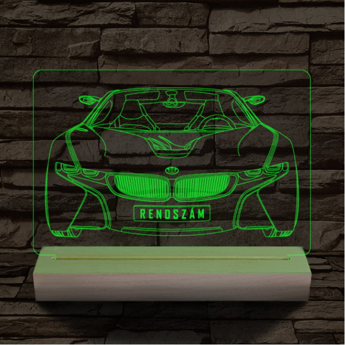 BMW I8 egyedi rendszámmal személyre szabott 20 cm fa talppal 7 színű 3D led lámpa