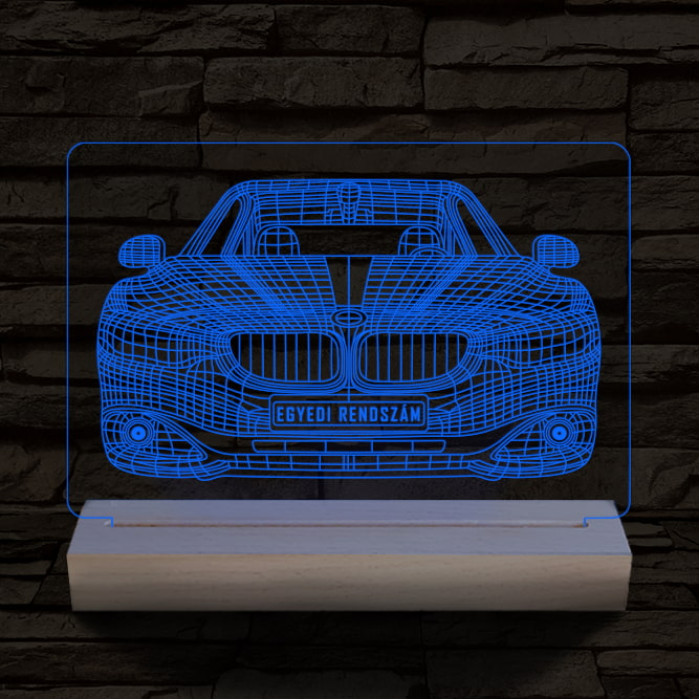 BMW autó egyedi rendszámmal személyre szabott 20 cm fa talppal 7 színű 3D led lámpa