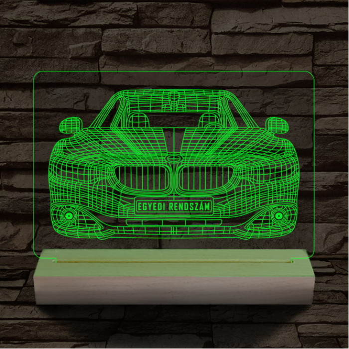 BMW autó egyedi rendszámmal személyre szabott 20 cm fa talppal 7 színű 3D led lámpa