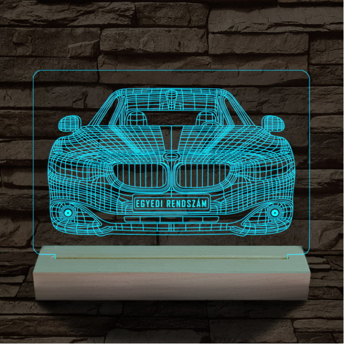 BMW autó egyedi rendszámmal személyre szabott 20 cm fa talppal 7 színű 3D led lámpa
