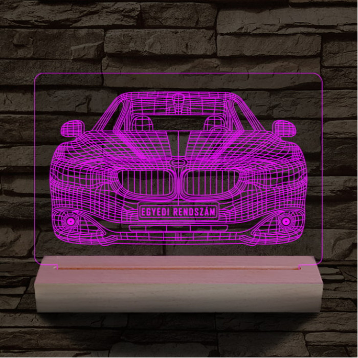 BMW autó egyedi rendszámmal személyre szabott 20 cm fa talppal 7 színű 3D led lámpa