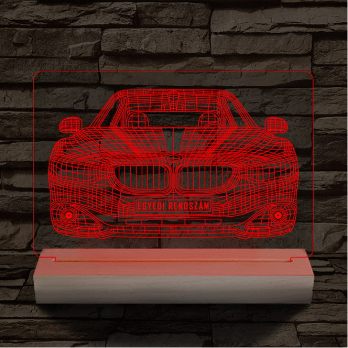 BMW autó egyedi rendszámmal személyre szabott 20 cm fa talppal 7 színű 3D led lámpa