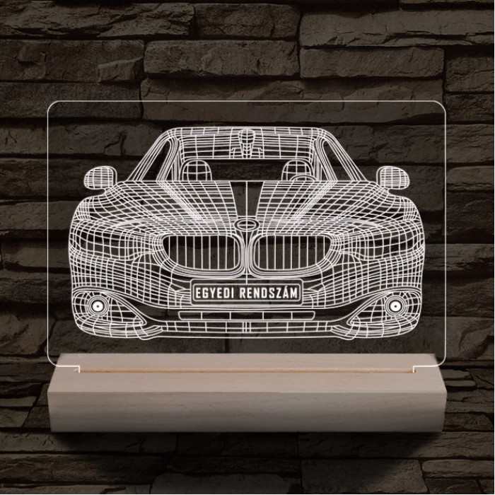 BMW autó egyedi rendszámmal személyre szabott 20 cm fa talppal 7 színű 3D led lámpa