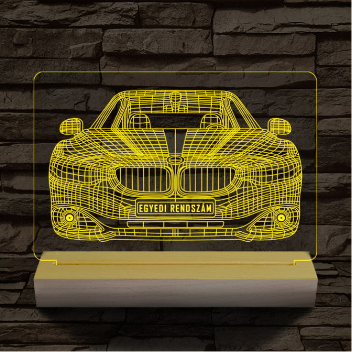 BMW autó egyedi rendszámmal személyre szabott 20 cm fa talppal 7 színű 3D led lámpa