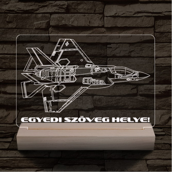 F35 vadászgép személyre szabott 20 cm fa talppal 7 színű 3D led lámpa