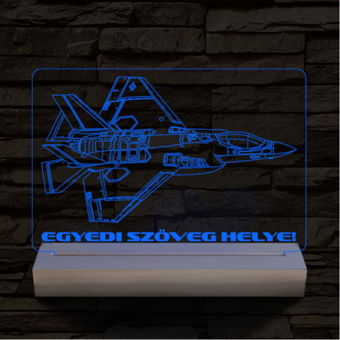 F35 vadászgép személyre szabott 20 cm fa talppal 7 színű 3D led lámpa