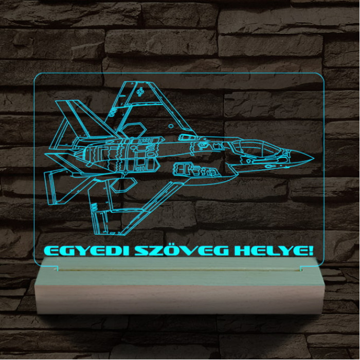 F35 vadászgép személyre szabott 20 cm fa talppal 7 színű 3D led lámpa