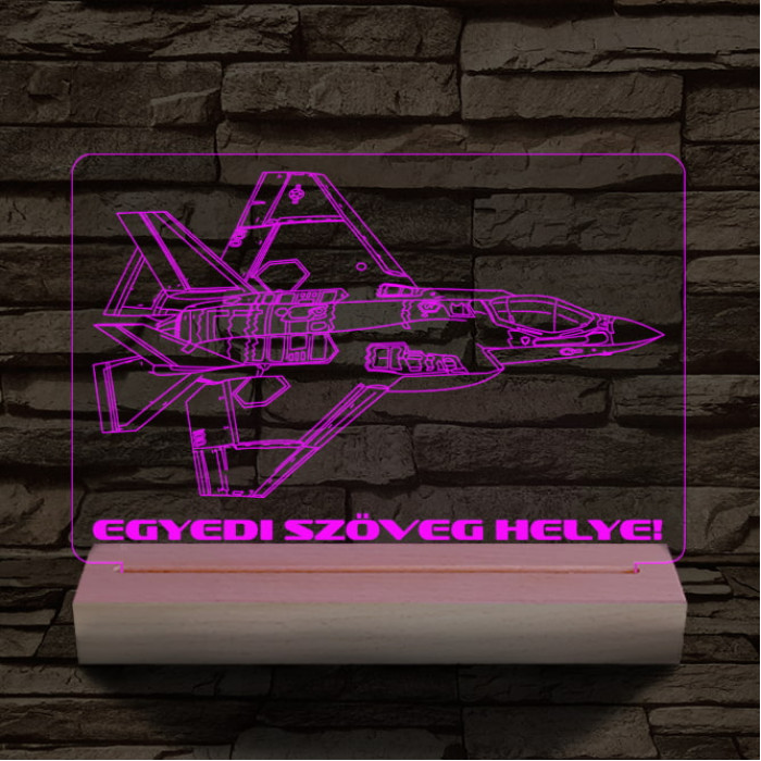 F35 vadászgép személyre szabott 20 cm fa talppal 7 színű 3D led lámpa