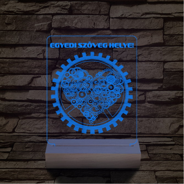 Szív fogaskerék személyre szabott 20 cm fa talppal 7 színű 3D led lámpa