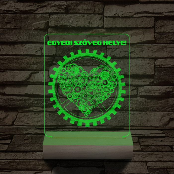 Szív fogaskerék személyre szabott 20 cm fa talppal 7 színű 3D led lámpa