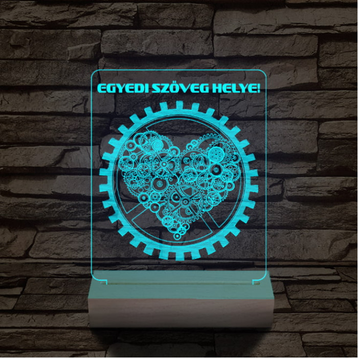 Szív fogaskerék személyre szabott 20 cm fa talppal 7 színű 3D led lámpa
