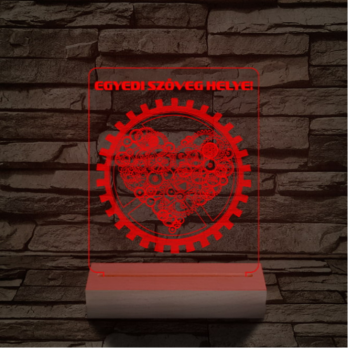Szív fogaskerék személyre szabott 20 cm fa talppal 7 színű 3D led lámpa