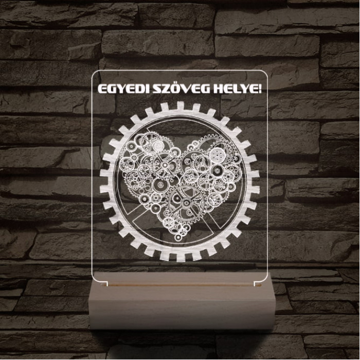 Szív fogaskerék személyre szabott 20 cm fa talppal 7 színű 3D led lámpa