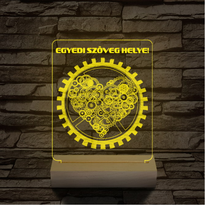 Szív fogaskerék személyre szabott 20 cm fa talppal 7 színű 3D led lámpa