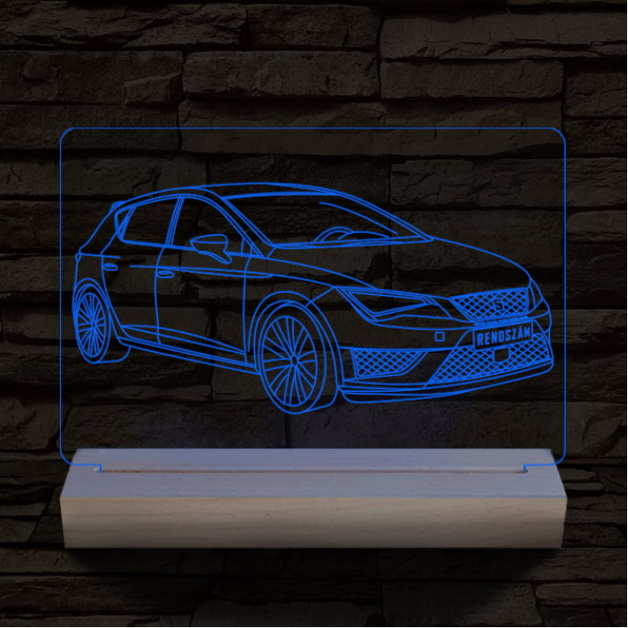 Seat Leon egyedi rendszámmal személyre szabott 20 cm fa talppal 7 színű 3D led lámpa