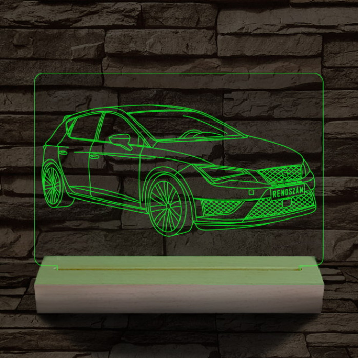 Seat Leon egyedi rendszámmal személyre szabott 20 cm fa talppal 7 színű 3D led lámpa