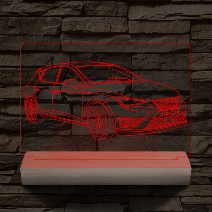 Seat Leon egyedi rendszámmal személyre szabott 20 cm fa talppal 7 színű 3D led lámpa