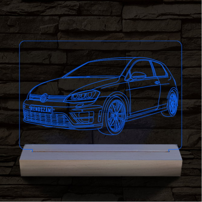 Volkswagen Golf egyedi rendszámmal személyre szabott 20 cm fa talppal 7 színű 3D led lámpa