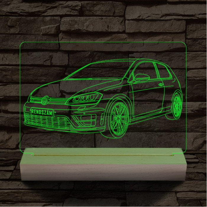 Volkswagen Golf egyedi rendszámmal személyre szabott 20 cm fa talppal 7 színű 3D led lámpa
