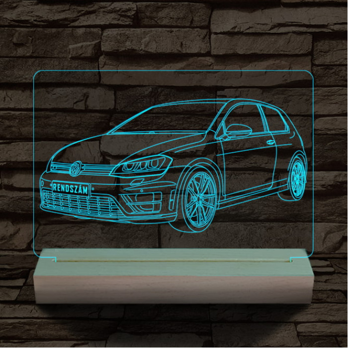 Volkswagen Golf egyedi rendszámmal személyre szabott 20 cm fa talppal 7 színű 3D led lámpa