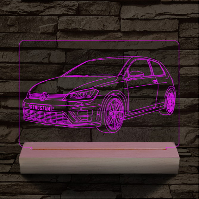 Volkswagen Golf egyedi rendszámmal személyre szabott 20 cm fa talppal 7 színű 3D led lámpa