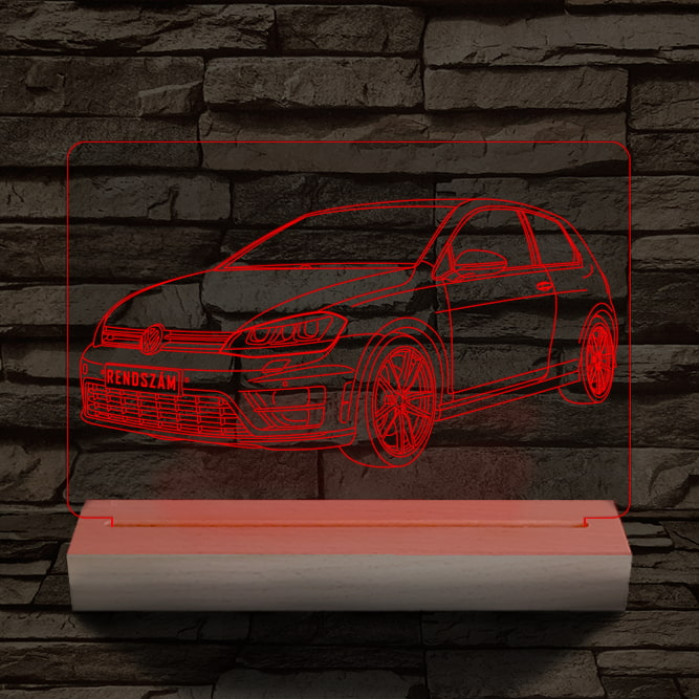 Volkswagen Golf egyedi rendszámmal személyre szabott 20 cm fa talppal 7 színű 3D led lámpa