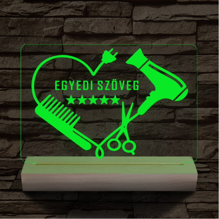 Fodrász szív személyre szabott 20 cm fa talppal 7 színű 3D led lámpa