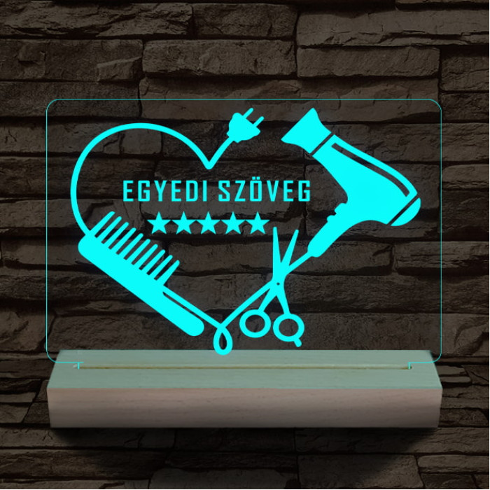 Fodrász szív személyre szabott 20 cm fa talppal 7 színű 3D led lámpa