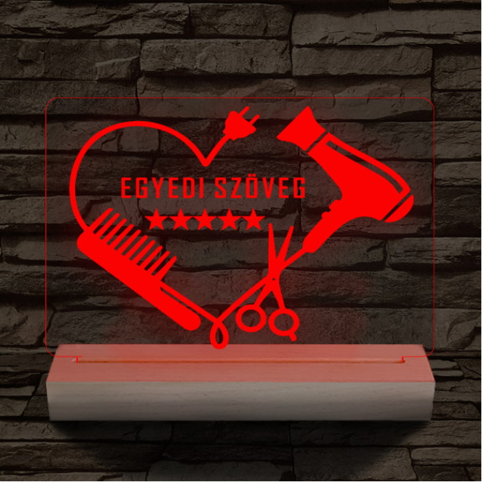 Fodrász szív személyre szabott 20 cm fa talppal 7 színű 3D led lámpa