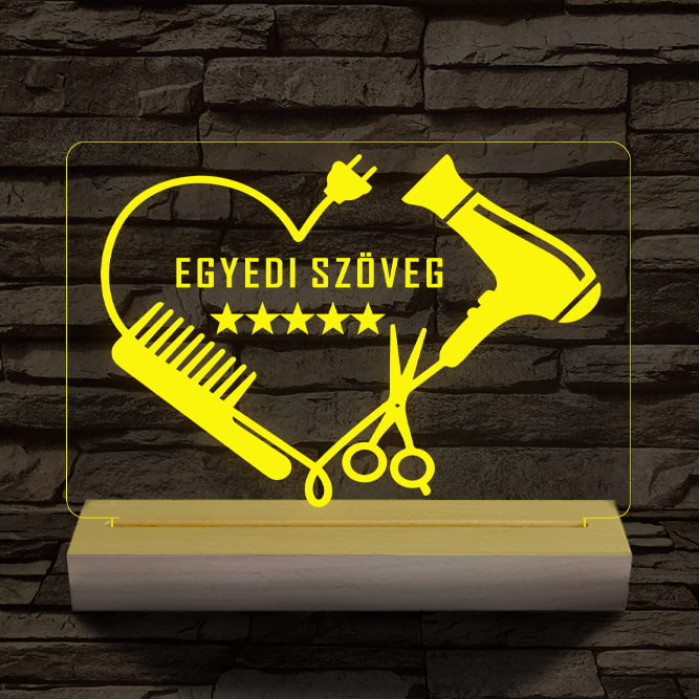 Fodrász szív személyre szabott 20 cm fa talppal 7 színű 3D led lámpa