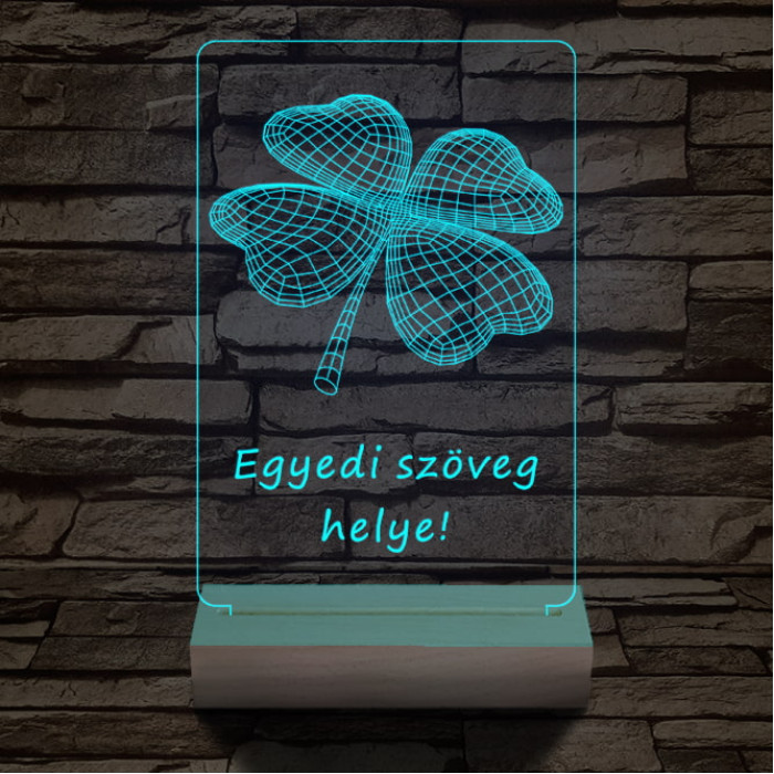 Négy levelű lóhere személyre szabott 20 cm fa talppal 7 színű 3D led lámpa  