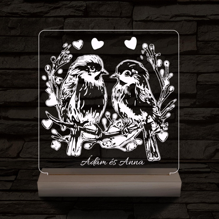 Esküvő szív galambpár személyre szabott 20 cm fa talppal 7 színű 3D led lámpa