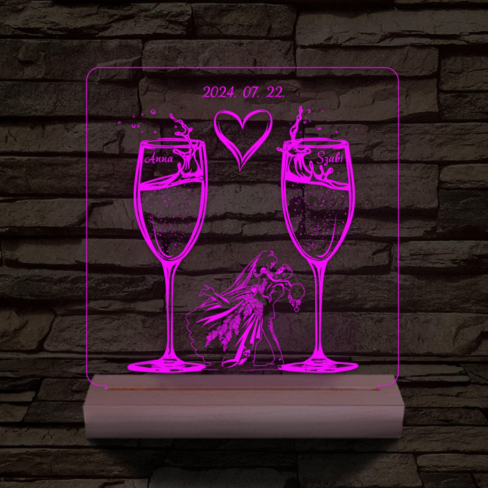 Pezsgő Esküvő személyre szabott fatalppal 7 színű 3D led lámpa