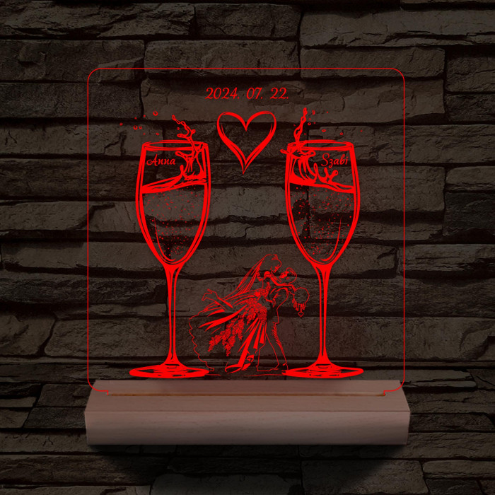Pezsgő Esküvő személyre szabott fatalppal 7 színű 3D led lámpa