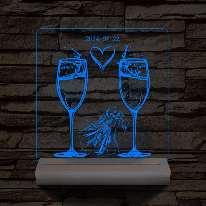 Pezsgő Esküvő személyre szabott fatalppal 7 színű 3D led lámpa