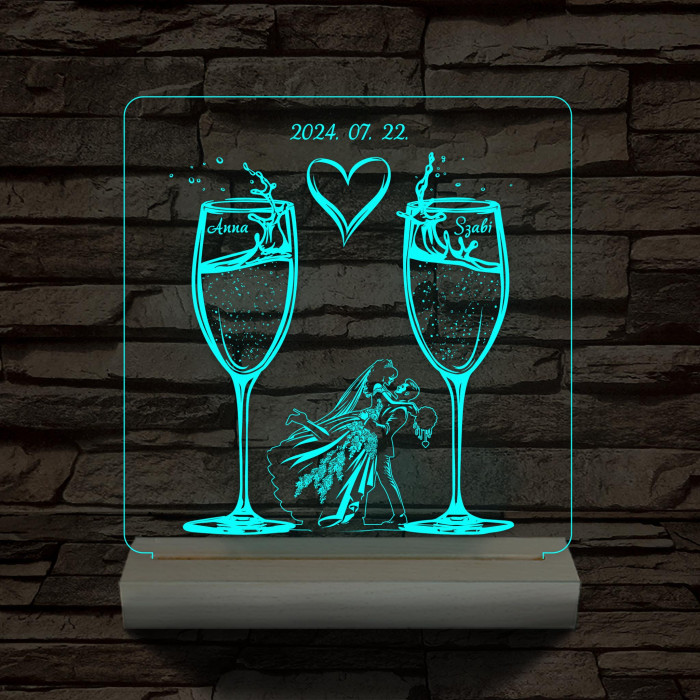 Pezsgő Esküvő személyre szabott fatalppal 7 színű 3D led lámpa