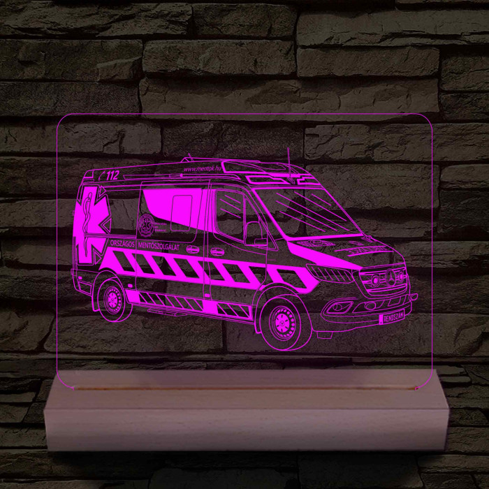 Mentőautó fa talppal 7 színű 3D led lámpa